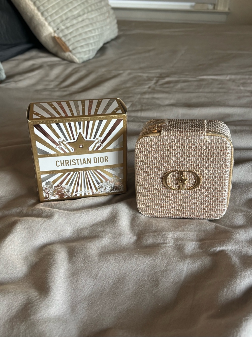 Dior Beige Woven Cosmetic Travel Case with Gold Logo